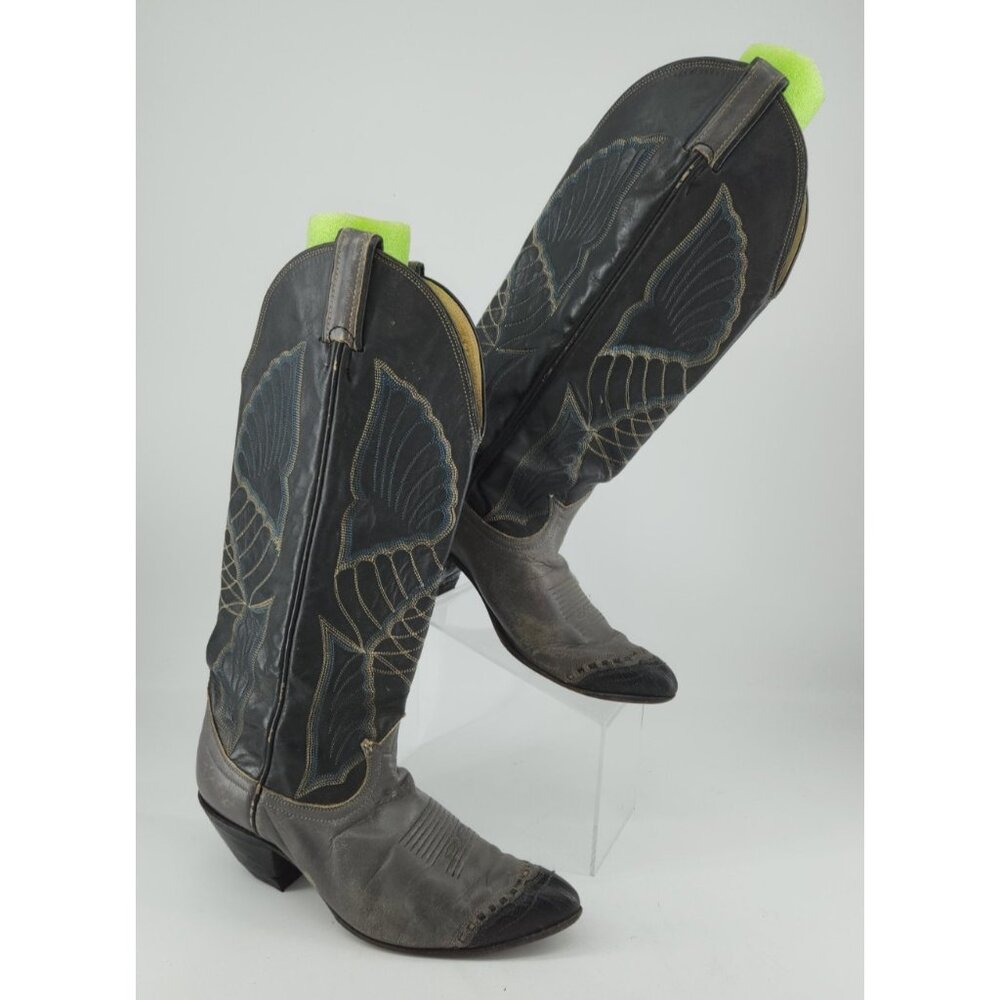 Tony Lama Youth Size 2 Stitched Wing Black Label Leather Cowboy Boots‎ VTG #7518